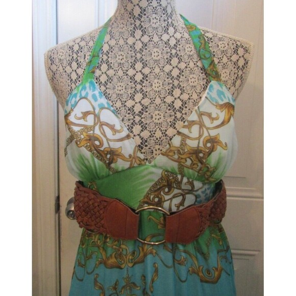 2B Bebe Monique Maxi Dress Belted Halter Top Lined Blue Green NWT Size XS - Picture 3 of 9